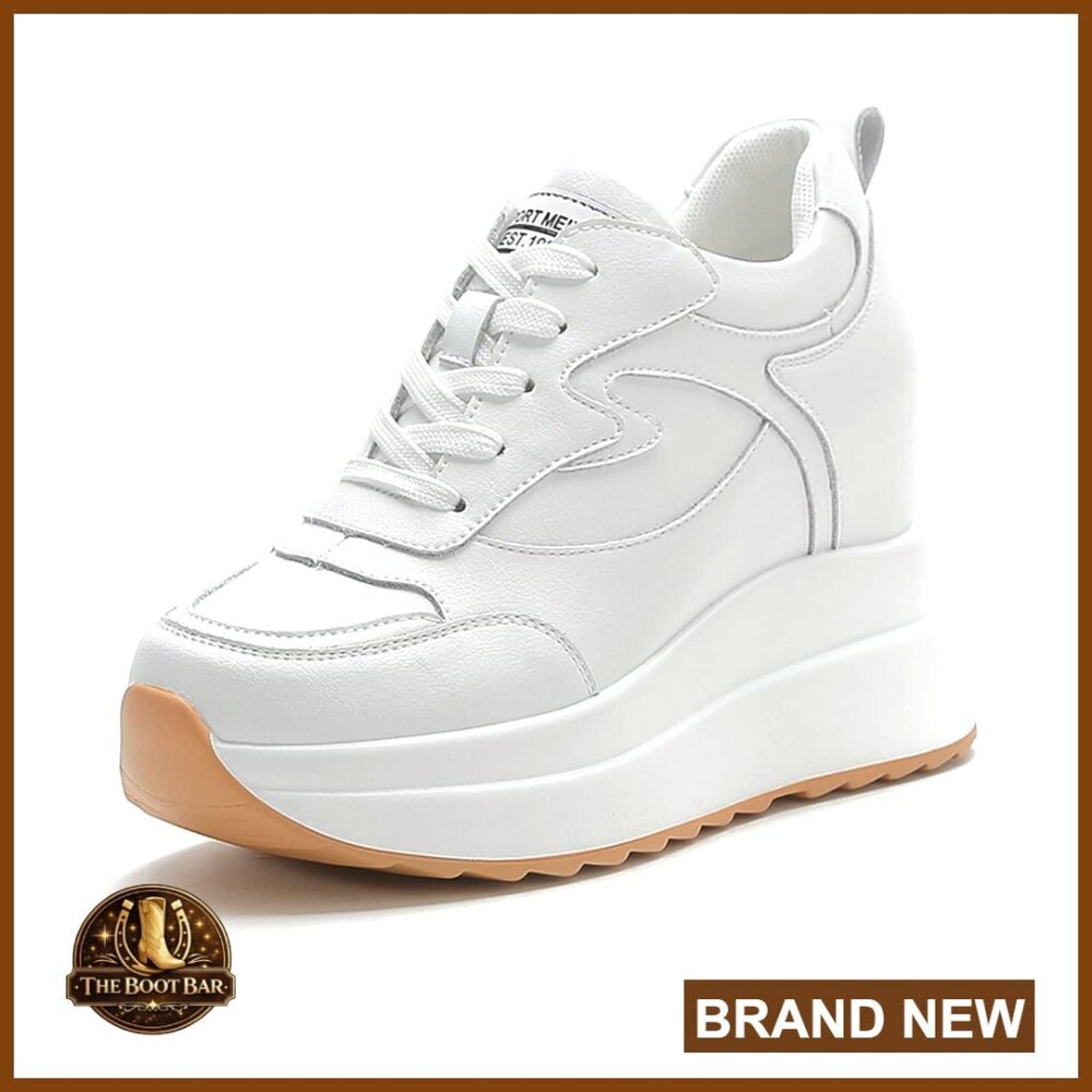 Leather Platform Sneakers with Hidden Wedge Heel, Non-Slip Sole